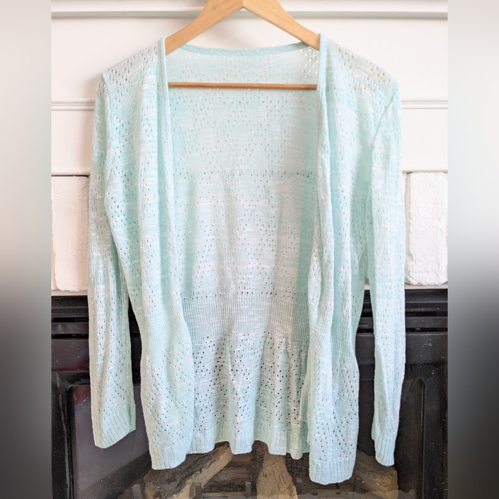 Mint POINTELLE Knit Cardigan Open Front Lightweight Sweater